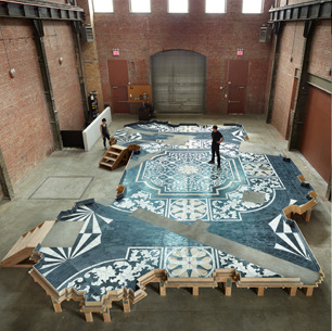 Katrín Sigurdardóttir, Foundation, 2013. Colored concrete and wood. Installation view, SculptureCenter, 2014. Photo: Ron Amstutz.