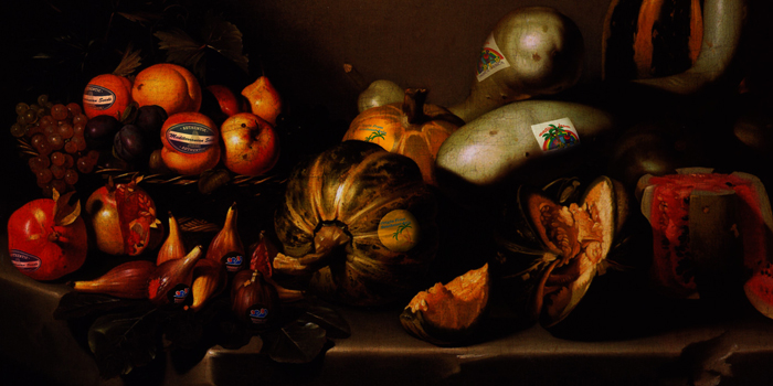 Elia Nurvista, Untitled, 2018. Using the Caravaggio painting Still Life with Fruit, ca. 1610. 	