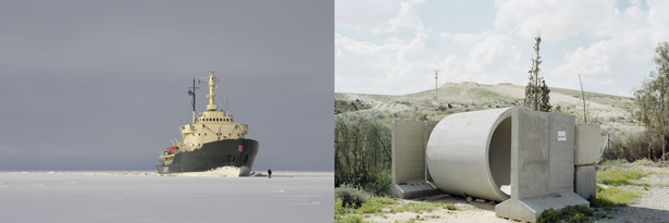 Left: Guido van der Werve, Nummer acht, everything is going to be alright, Golf of Bothnia FI, 2007. Production still. Courtesy the artist. Photo: Johanna Ketola. Right: Sharon Ya'ari, Safe Room, Beersheba Zoo, Spring 2013. Courtesy: Sommer Contemporary, Tel Aviv.