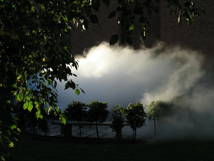 View of Fujiko Nakaya, fog sculpture #28634, Technology for Life: About Experiments in Art and Technology, Norrköpings Konstmuseum, 2004.