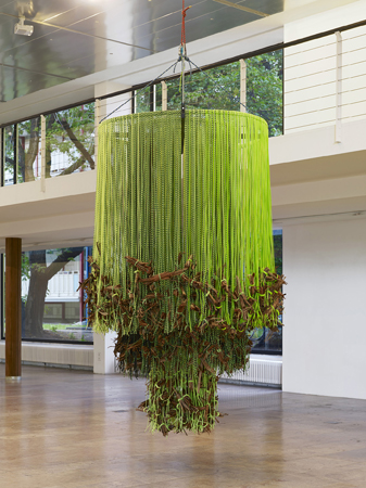 Andrea Bowers, Memorial to Arcadia Woodlands Clear-Cut, 2013. Metal, paracord, rope, wood, 118 x 67 x 67 inches. © Courtesy of the artist.