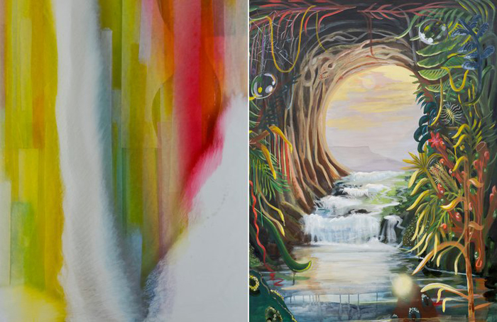 left: Thomas Linder, Siren, 2023, (detail), pigment, fiberglass, and aluminum frame | right: Liz Walsh, Portal to the Sky, 2023, (detail), acrylic, gouache, airbrush, and cotton thread on canvas 