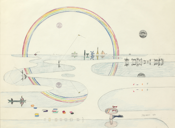 Saul Steinberg, Rainbow Reflected, 1974. Ink, crayon, colored pencil, graphite, and rubber stamps on paper, 29 3/8 x 39 1/2 inches. The Saul Steinberg Foundation, New York. © The Saul Steinberg Foundation/Artists Rights Society (ARS), NY.