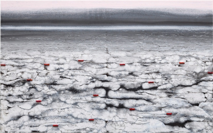 Outi Pieski, Rádjájohtin I/Pacing the Borders I, 2014. Acrylic paint and baize on canvas. Photo: Jussi Tiainen