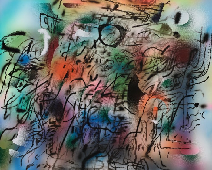 Julie Mehretu, Among the Multitude XIII, 2021-2022. Ink and acrylic on canvas, 121.9 × 152.4 cm Private collection © Julie Mehretu. Courtesy the artist and Marian Goodman Gallery, New York. Photo: Tom Powel Imaging