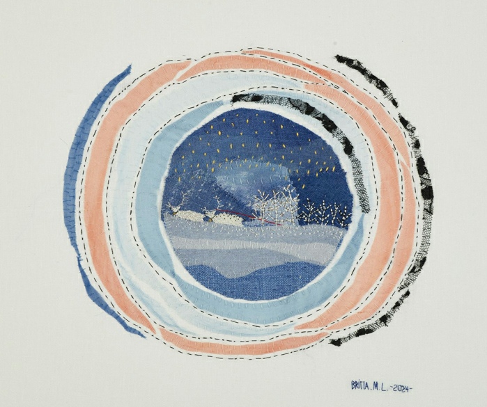 Britta Marakatt-Labba,&nbsp;Mot ljuset / Towards the Light, 2024. Hand embroidery and appliqué on linen, 42 x 58 cm. Courtesy of the artist and private collection. Photo: Hans Olof Utsi. 