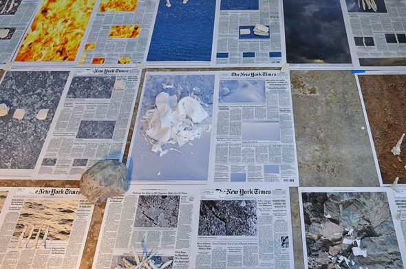 Sarah Sze, Untitled (Days) (detail), 2013–2015. Mixed media, photographs printed on paper, rocks, clay, wood, lamps, extension cords, fabric, tape. Dimensions variable. Courtesy the artist and Victoria Miro, London. © Sarah Sze.