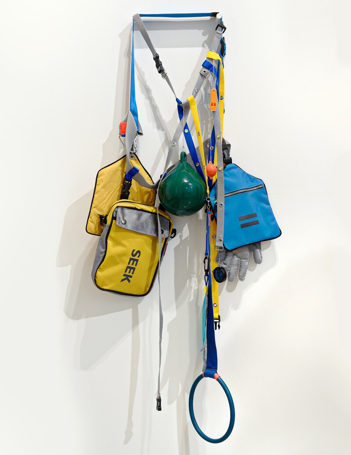 Lucy + Jorge Orta, Anticipation Accessory, 2010. Webbing, clips, kits, various objects, silkscreen print. Courtesy of Lucy + Jorge Orta. Photo: Frances Ware