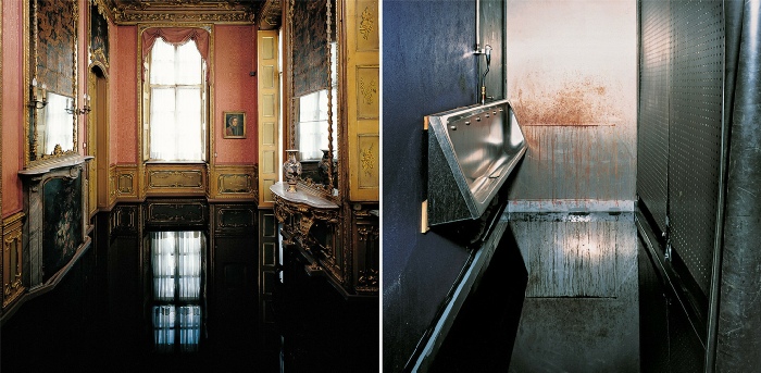 Per Barclay, Oil Rooms. Installation view from [left] The Chinese Room, Palazzo Barolo, Torino, 1990; [right] SLM, Oslo (I), 2001. 
