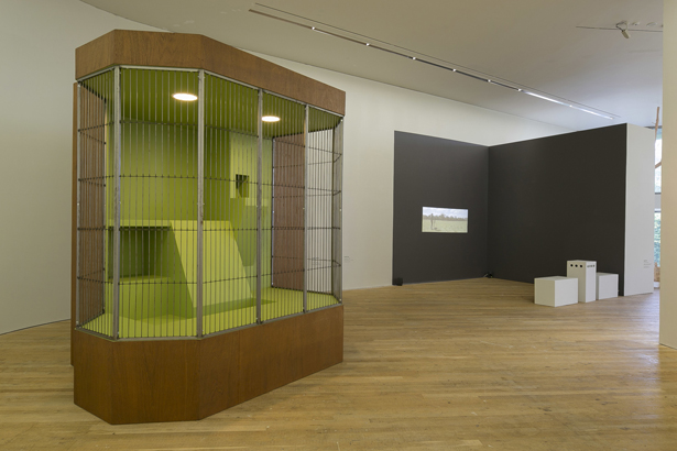 Fieldworks, 2014. Exhibition view, Lewis Glucksman Gallery, 2014. Left: Wesley Meuris, Cage for Saimeri boliviensis, 2006. Wood, metal and lighting. Courtesy of the artist and Annie Gentils Gallery, Antwerp. Right: Ho Rui An, Incursion, 2013. HD video. Courtesy of the artist.