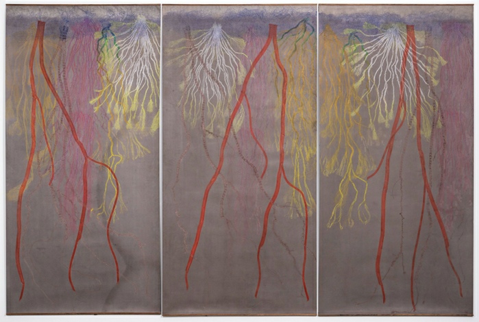Carolina Caycedo,&nbsp;Prairie Root Portrait, 2026. Relief print from paracord, sisal, jute, climbing, and cotton rope on dyed Evolon paper, 108 x 162 inches overall. Courtesy of the artist and Island Press. Photo: Carol Green. 
