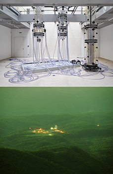 Top: Thomas Feuerstein, ACCADEMIA DEI SECRETI, 2015. Installation view, Galerie im Taxispalais, Innsbruck. Photo: WEST. Fotostudio. © VG Bild-Kunst, Bonn 2015. Bottom: Trevor Paglen, They Watch the Moon (Nr. 87), 2010. © the artist. Courtesy Galerie Thomas Zander, Cologne.