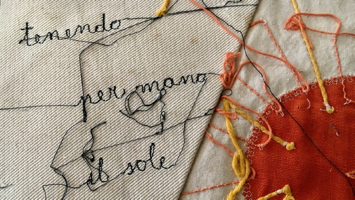 Maria Lai,  Tenendo per mano il sole,  1984-2004. Thread, cloth, velvet,  33 x 63 cm. Private collection. Photo: Francesco Casu. Courtesy Archivio Maria Lai.  ｩ  Archivio Maria Lai by SIAE 2019. 