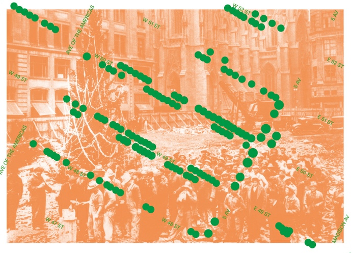 Cooking Sections, Offsetted, 2019. Grid of financialized street trees in Manhattan laid over the raising of the Christmas tree at the site of the future Rockefeller Center in 1931, NYC. 