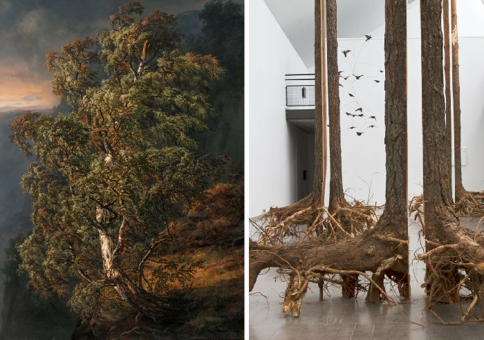 Left : J.C. Dahl, Bjerk i storm, 1849. Photo: Dag Fosse. Right : Henrik Håkansson, A Forest Divided, Lunds Konsthall. Photo: Terje Östling.