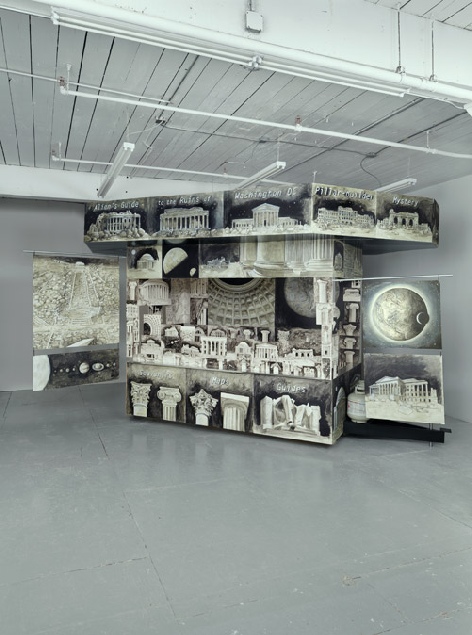 Ellen Harvey, Alien Souvenir Stand, 2013. Oil on aluminum, watercolor and latex paint on clayboard, wood, aluminum sheeting, propane tanks, and velcro, 10 x 17 x 5 feet. Photo: Etienne Frossard.