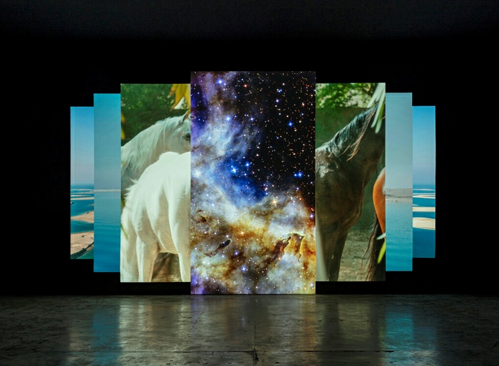 Amie Siegel, Asterisms, 2021. 4K multi-channel video installation. Installation view, 34th São Paulo Biennial, Brazil. Photo: Everton Ballardin. Courtesy of Thomas Dane Gallery. © Amie Siegel.