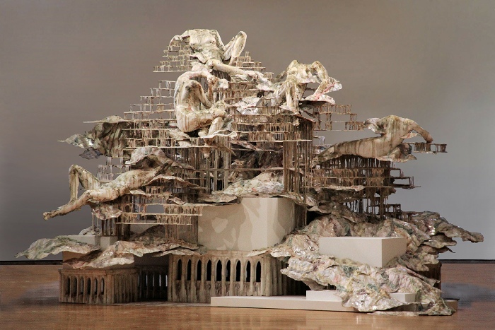 Diana Al-Hadid, Nolli's Orders, 2012. Steel, polymer gypsum, fiberglass, wood, foam, plaster, aluminum foil, and pigment, 156 x 264 x 228 inches. Courtesy of the artist and Marianne Boesky Gallery.