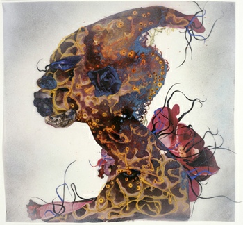 © Wangechi Mutu, Blue Rose, 2007. Ink, paint, mixed media, plant material and plastic pearls on Mylar, 58.4 x 55.9cm. Courtesy the artist and Victoria Miro, London. 